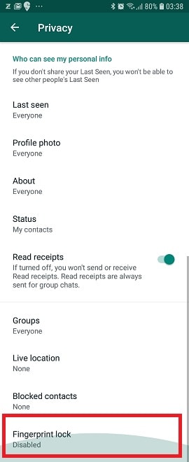 Fingerprint option in WhatsApp